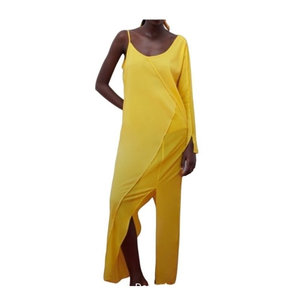 Zara‎ Long Sleeve Yellow Size M Asymmetrical Long Slip Maxi Dress